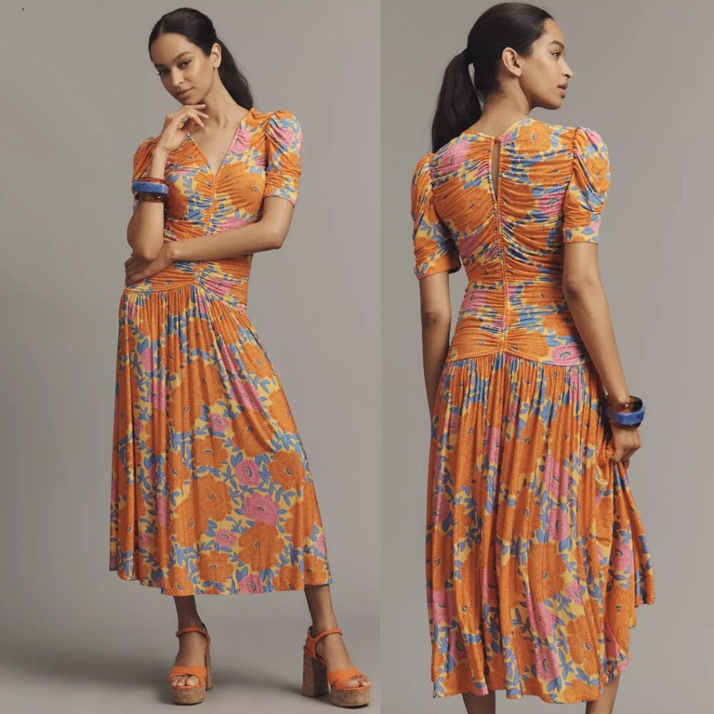Farm Rio x Anthropologie Short-Sleeve V-Neck Ruched Midi Dress L new with tag